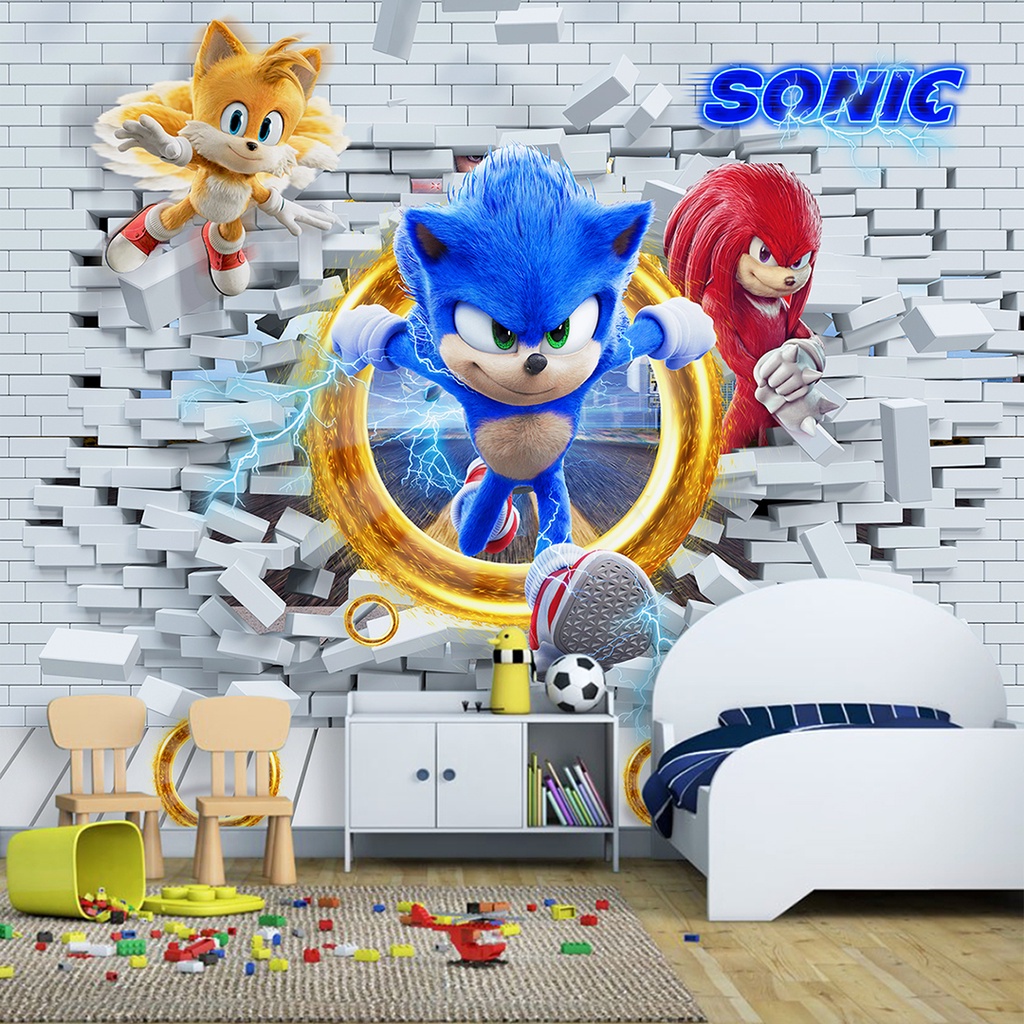 Papel de Parede Infantil Tema Sonic 3D Para Decorar Quarto de Meninos