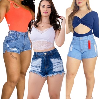 kit 3 Shorts Feminino Cintura Alta jeans Cinto em Promoção na Shopee Brasil  2024