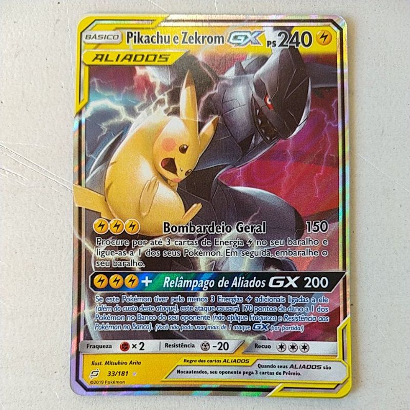 Carta Pokémon Original Aliados Pikachu e Zekrom Gx em Português