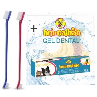Kit 1 Pasta de Dente Gel Dental para Pets Brincalhão Combate o Mau Hálito de Cachorros e Gatos 60g + 2 Escovas De Dente Dupla Promoção 3 sabores menta morango e Tuti-fruti