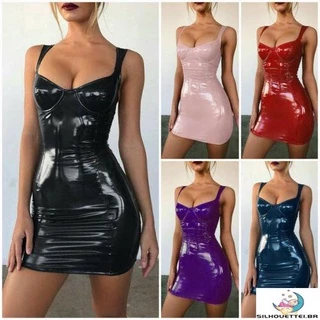 Mini Vestido Feminino Em Látex/Couro Sintético Bodycon Para Clube/Coquetel P-5xg