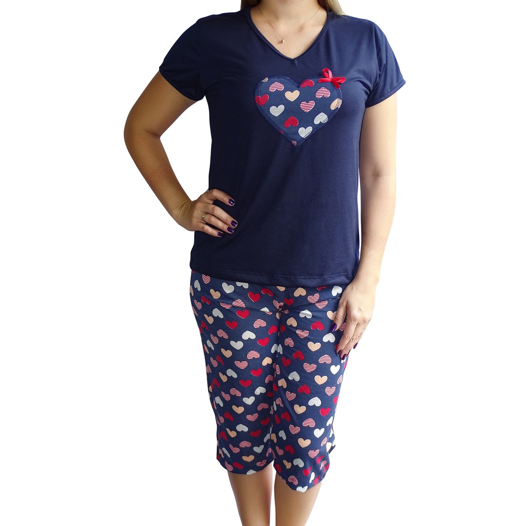 Pijama Capri Calça Pescador Blusa com manga e aplicação Shopee