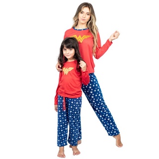 2 Pijamas Inverno Longo Mãe E Filha Mulher Maravilha