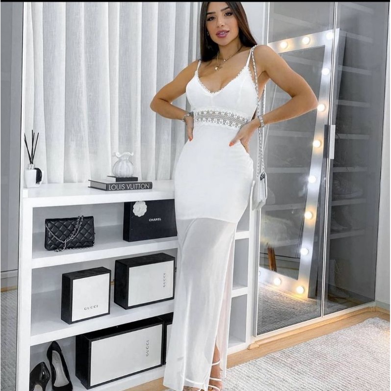 Vestido branco longo renda hot sale reveillon