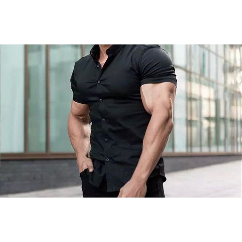 Camisa Social Slim Masculina Manga Curta Elegante Preta