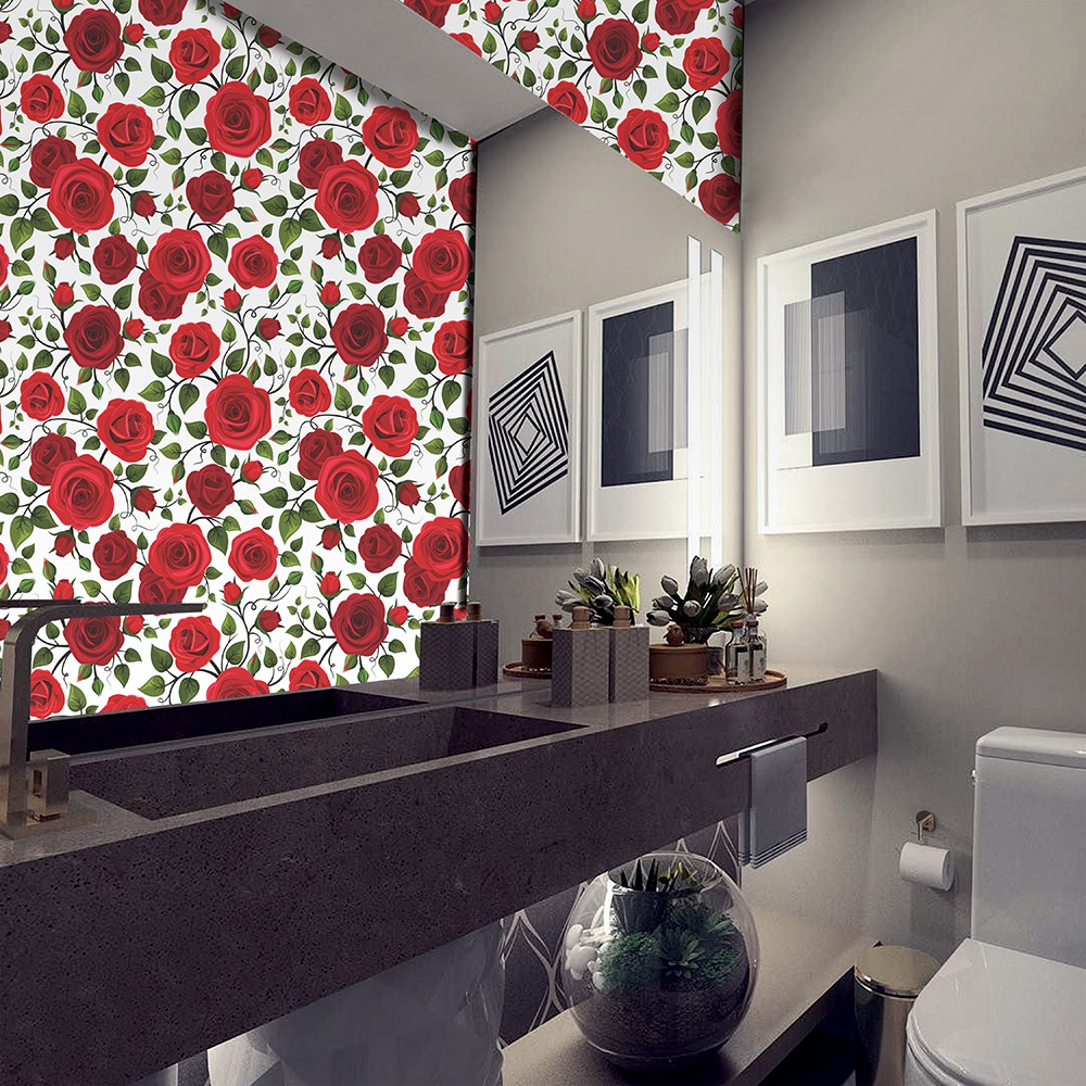 Papel De Parede Floral Rosas Vermelhas Quarto Ou Sala Autocolante Sku