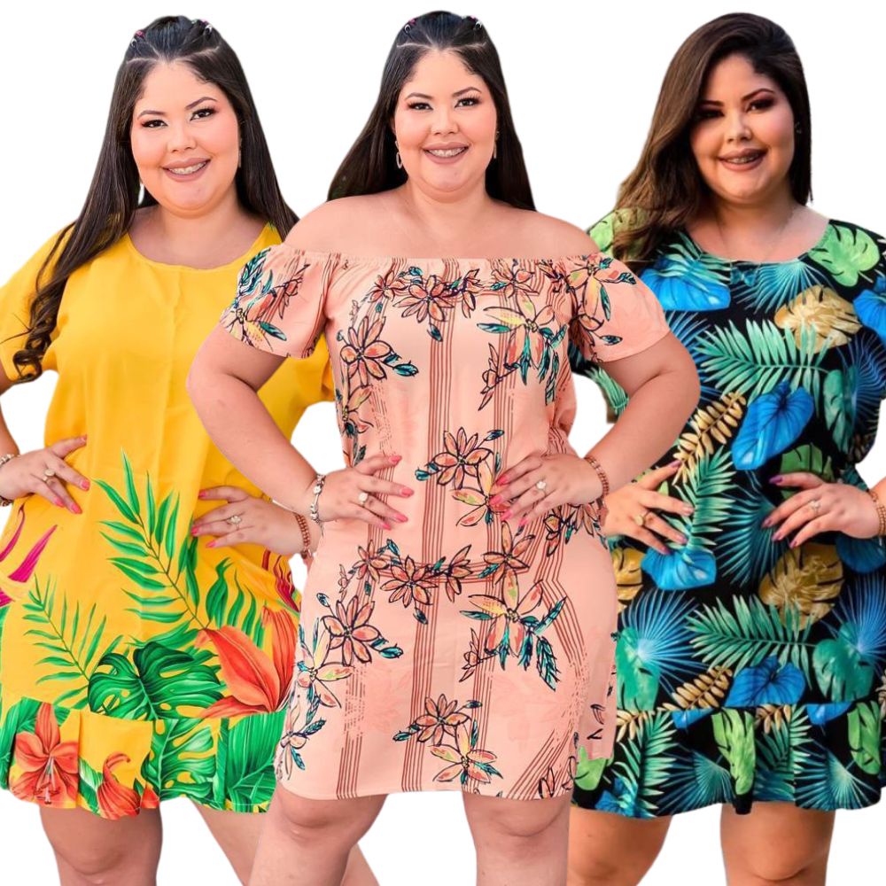 Vestido Plus Size Malha de Viscose c/ Babados Amarração Decote