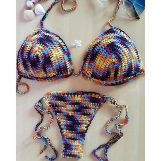 Biquíni de Crochê Top Bojo Calcinha Fio Dental Bikini Tendência