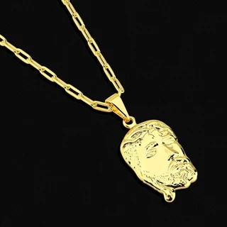 Corrente Masculina com Pigente Face de Cristo Banhados a ouro 18k Cordão com Rosto de Jesus