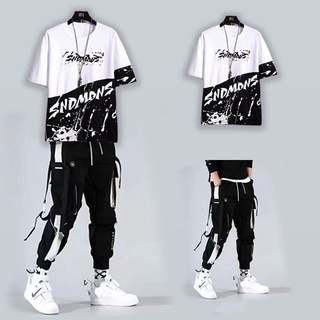 Conjunto Masculino com Camiseta de Manga Curta e Calça Cargo Estilo Hip Hop