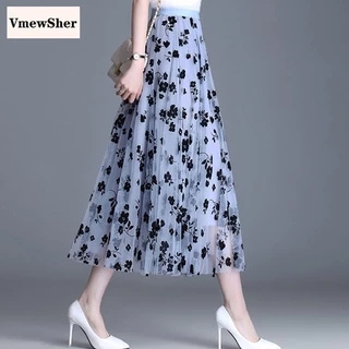 Vmewsher Nova Primavera Floral Malha Mulheres Saias Mid-Calf Longo De Cintura Alta Plissada Fio De Flor Impressão Net Senhora Do Verão Elegante Saia