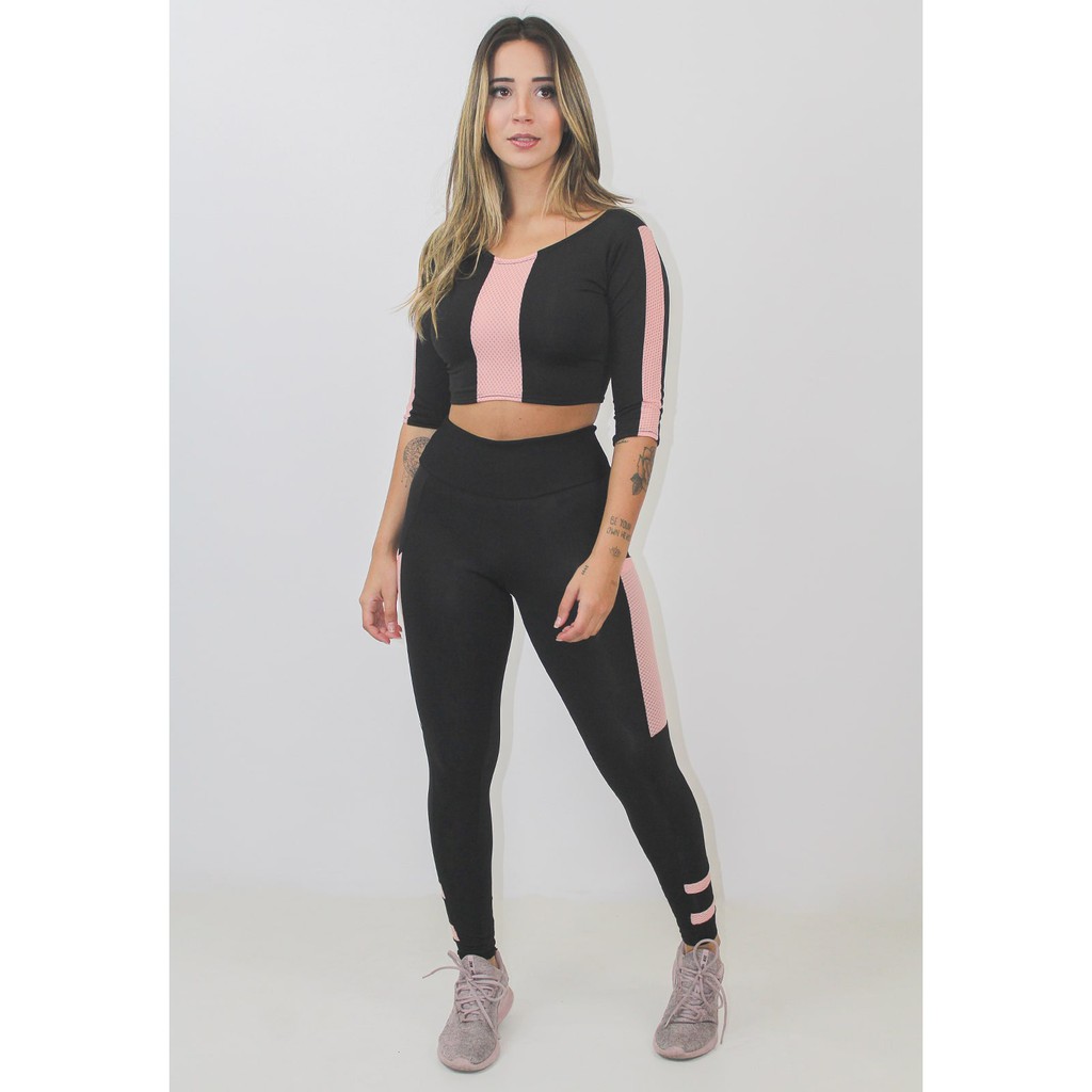 Conjunto Fitness Academia Cropped Com Manga e Calça Legging Sem  Transparência Cintura Alta Preto Detalhe Dryfit Rosê REF: LX150