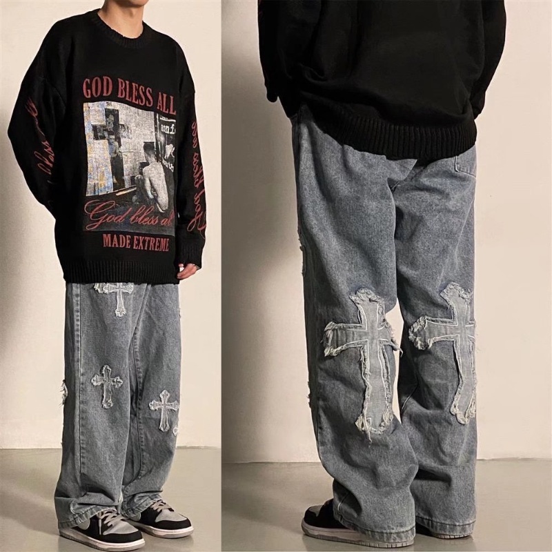 Calça jeans masculina Y2K com estampa de estrelas folgada Hip Hop perna  reta lavada vintage folgada calça jeans calça de skate moda descontraída  reta