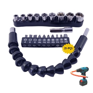 Kit 21 pcs Jogo Bits chave canhão + Extensão Extensor Flexivel 1/4 Parafusadeira e Furadeira