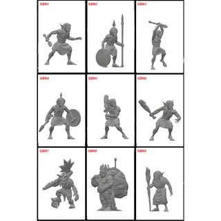 Kit Goblins - 5 Miniaturas de RPG em resina - Heróis guerreiro, bárbaro, feiticeiro, goblin king, goblinoides D&D Fantasia Medieval. Escala 30mm ou 35mm.