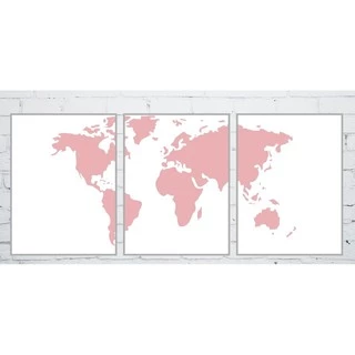 Quadro Decorativo Mosaico 03 Peças 40x60 - Mapa Mundi Rosa Fundo Branco - Placas Sem Moldura
