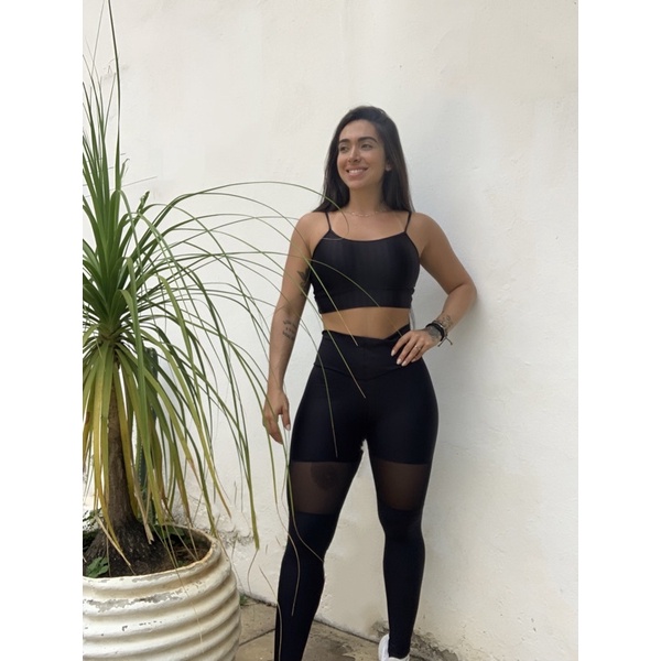 Legging com Tule transparente na perna, com cós alto. - Enerfit