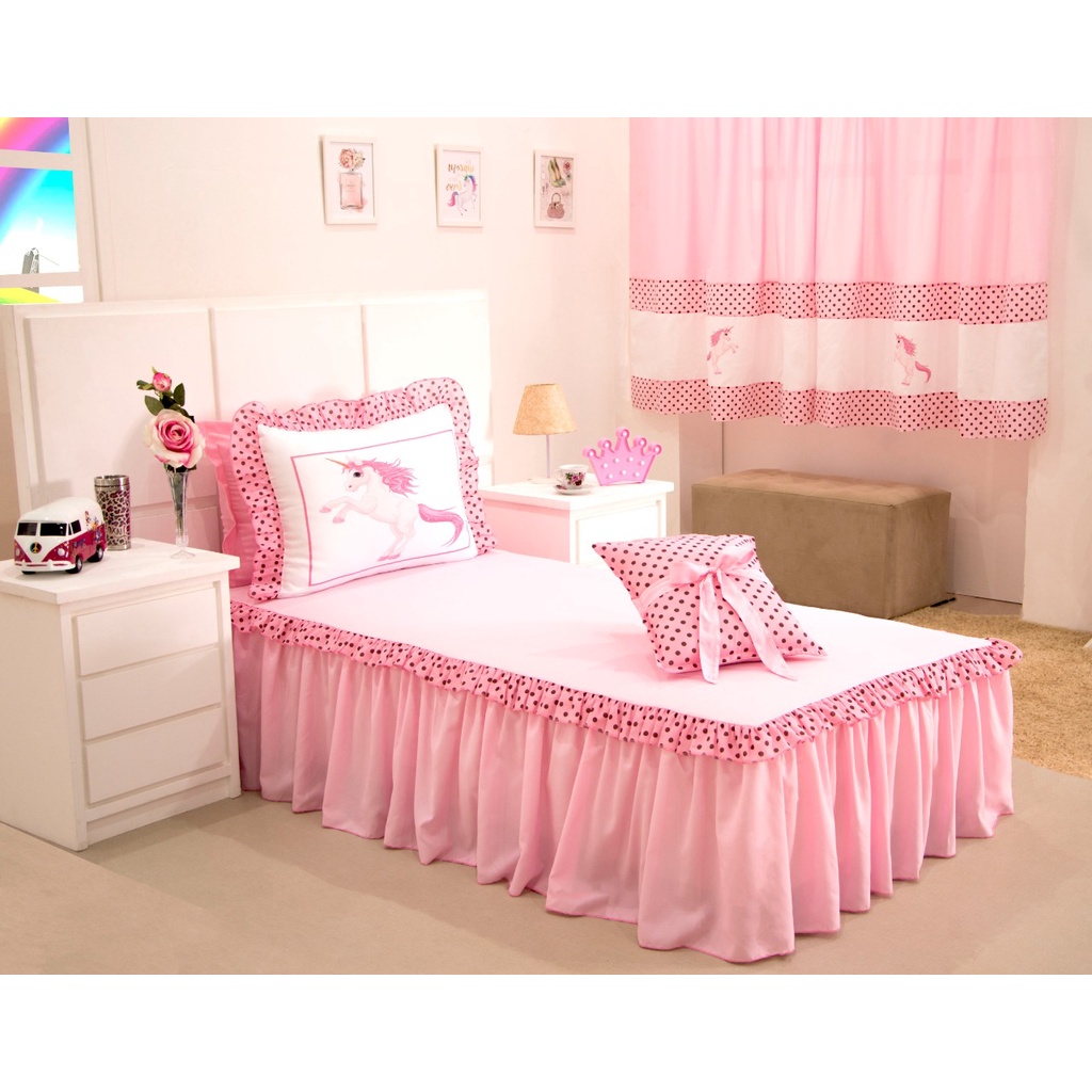 Kit Jogo para Quarto de Menina Infantil Cobre leito + Cortina Unicórnio  Rosa + Capa de Almofada / Colcha Solteiro