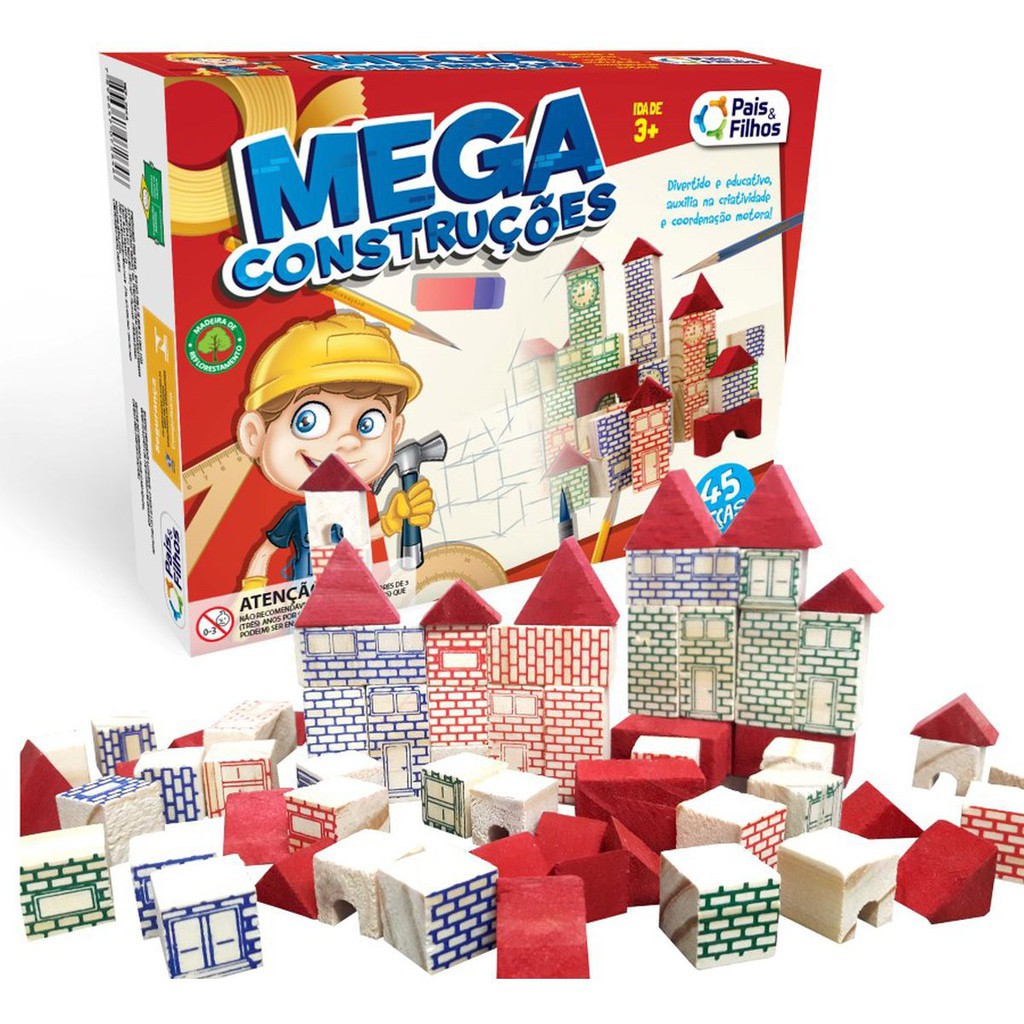 Jogo Mega Construções 45 Peças de Madeira Pais e Filhos