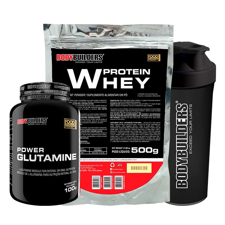 KIT Whey Protein 500g, Power Glutamina 100g, Coqueteleira – Bodybuilders