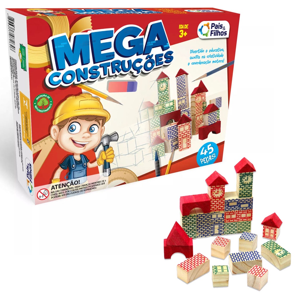 Jogo Mega Construções 45 Peças de Madeira Pais e Filhos