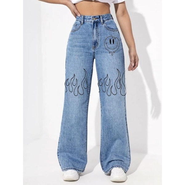 Calça Mom Jeans Wide leg Clara Estampada com Desenhos