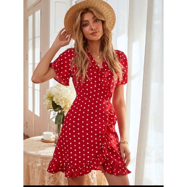 Shein vestido vermelho curto manga curta babados poa novo