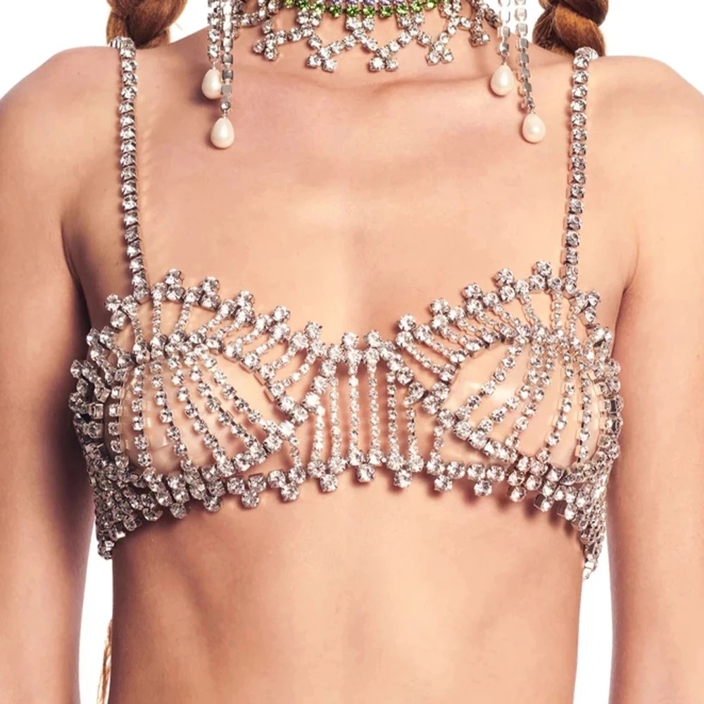 INS Rhinestone Oco Sexy Body Chain Top Bra E Conjunto De Biquíni Tanga Para  Mulheres Cristal Bralette Calcinha Jóias Corporais