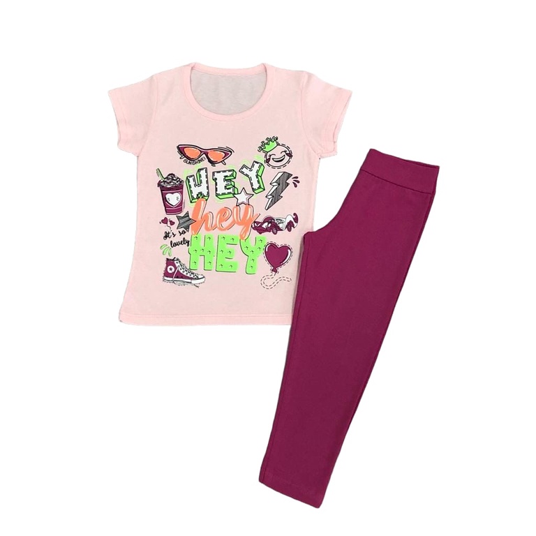 Conjunto Infantil Calça Legging Pink e Blusa Manga Curta Rosa Claro Tamanho  01,02,03 Para Meninas