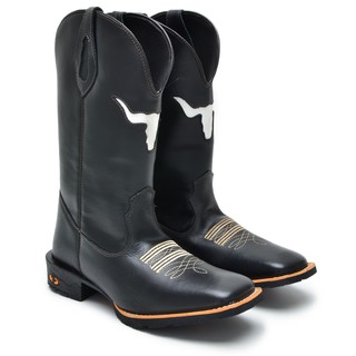 Bota Texana Masculina Country Em Couro Legitimo Boi Vazado Preto