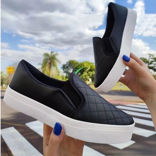 Promoção Tênis Slip On Feminino Calce Fácil Confortável Quadradinho Preto e Caramelo