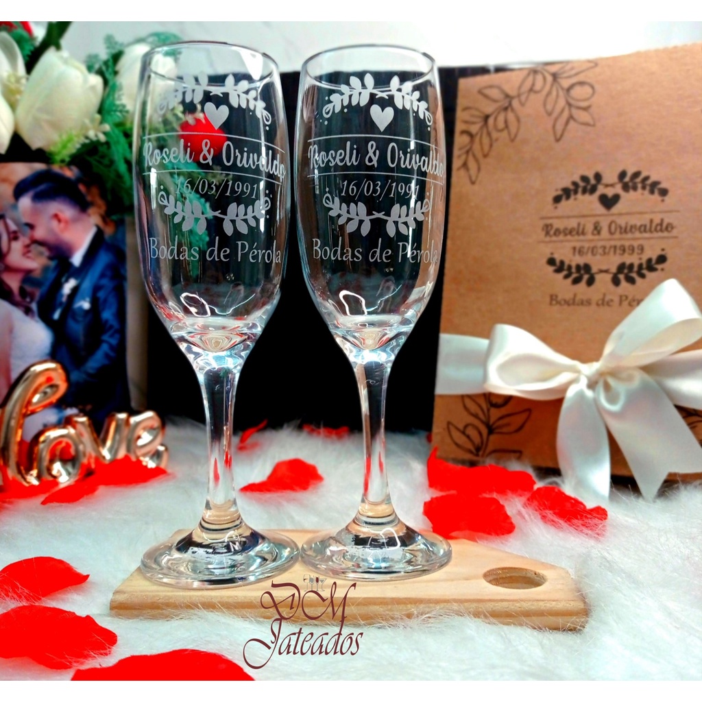 Taças de Champanhe com Caixa Personalizada com logo / taças jateadas