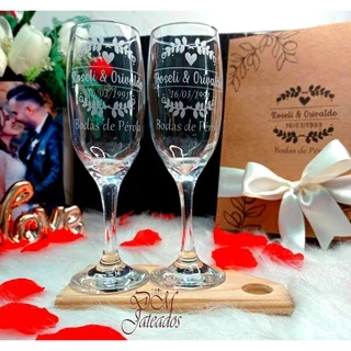 Taças de Champanhe com Caixa Personalizada com logo / taças jateadas