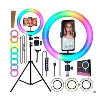 Iluminador Anel Luz 30cm 12 polegadas RGB Colorida LED 20W Suporte Iluminador Celular USB +Tripé 2M em Oferta na Shopee