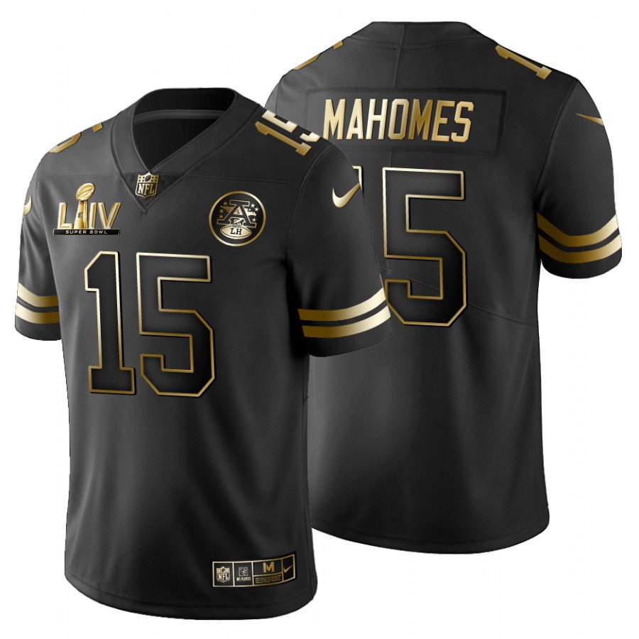 2024 Nfl Kansas City Chiefs Patrick Mahomes # 15 Super Bowl Liv Camisa Preta Edição Dourada