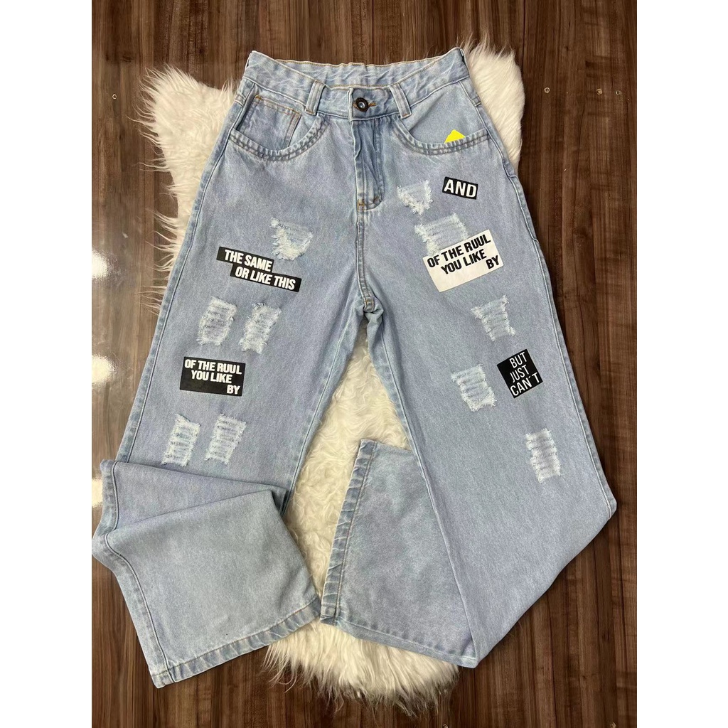 Calça Jeans Wide Leg Com Letras | Shopee Brasil