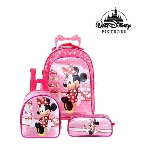 Kit Mochila Com Rodinha Minie Minnie + Lancheira Térmica + Estojo 1 Zíper