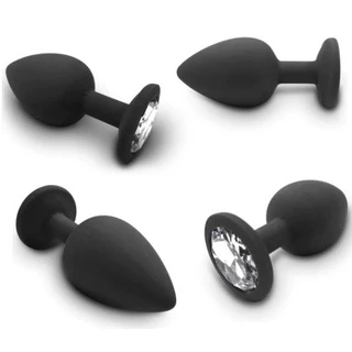 Plug Anal De Silicone Preto Tamanho M Cravejado Com Pedra Na Base Aveludado Sex Shop