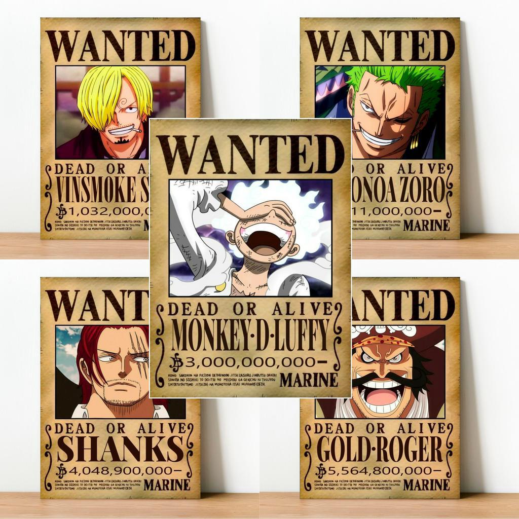 Kit 5 Placas Quadros Decorativos One Piece Recompensa Wanted Coleção Exclusiva Tamanho 10x15 Já Acompanha Dupla Face