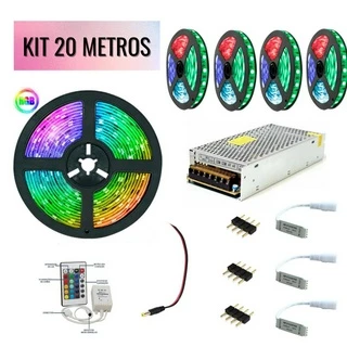 KIT 20 Metros Fita LED 5050 RGB Colorida com Silicone 12V + Amplificador + Fonte 20A