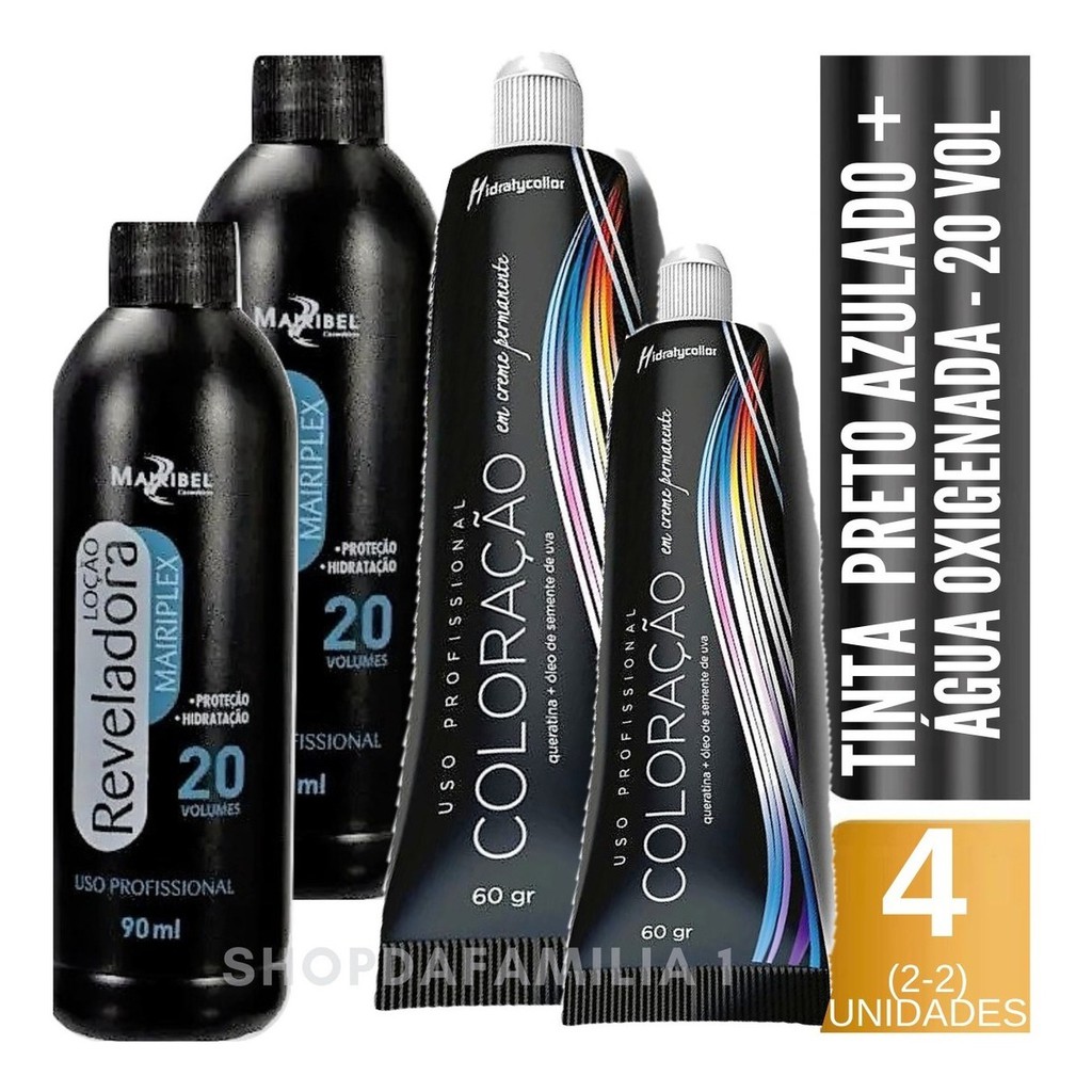 Tinta de Cabelo Preto Azulado |2 Tinta Nº 1 Azulada + 2 Ox 20vol 90ml ...