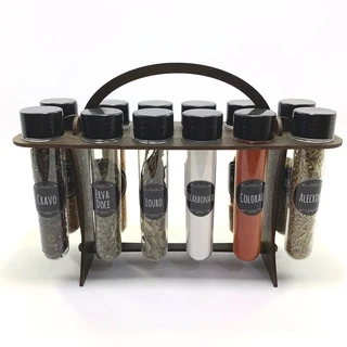 Kit Porta Tempero e Condimentos Material MDF Decoração Cozinha 12 Tubos + 18 Etiquetas de Tempero de BRINDE