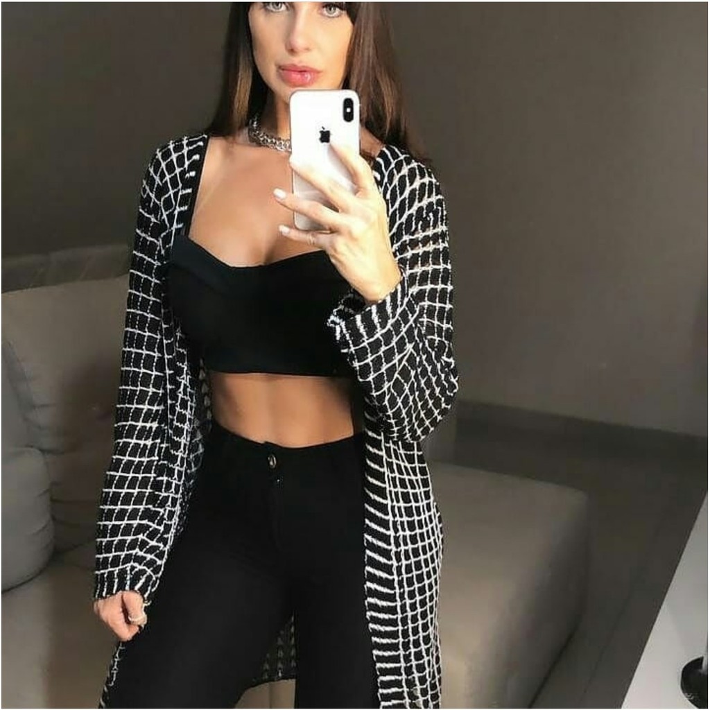 Cardigan Trico Quadrado Quadriculado Xadrez Listrado Kimono Tricot