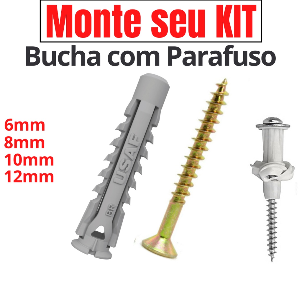 Bucha MU | UX com Parafuso 6 - 8 - 10 Kit Bucha para Tijolo e Bloco Oco Vazado Furado Bucha UX MU Nó Enrola Torce