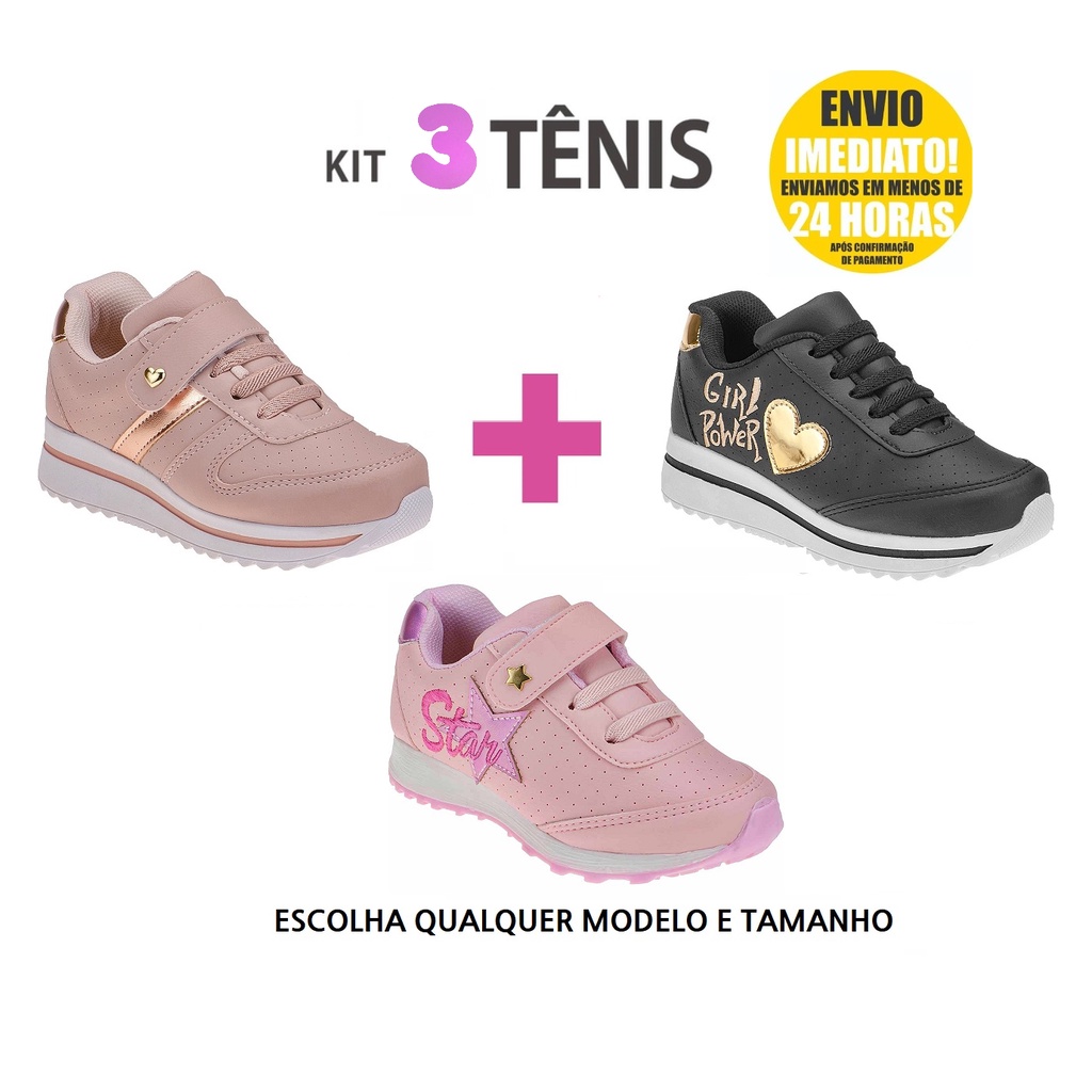 Kit 3 Pares De Tenis Crian a Tenis Feminino Infantil Promo o