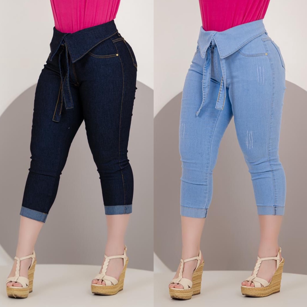 Calça Capri Feminina Jeans Com Licra Cintura Alta Com Efeito