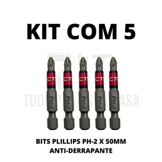 KIT COM 5 Bits Phillips PH2x50mm Ponta Antiderrapante e Magnética - Usado em qualquer marca de parafusadeira.