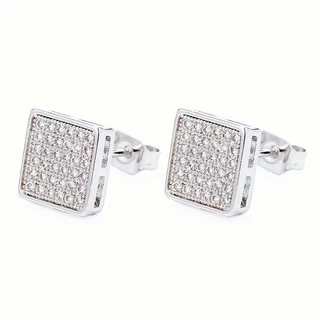 Brinco Quadrado Cravejado com Pedras Zirconia Prata 925 Banhado Masculino e Feminino Semi Joia