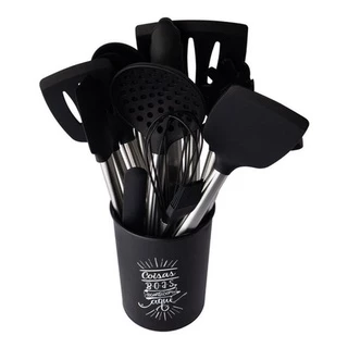 Jogo De Cozinha Kit C/ 14 Utensílios Em Silicone Cabo Inox