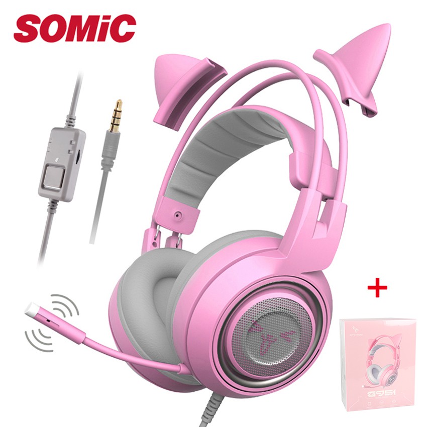 Fone de ouvido feminino SOMIC G951s rosa estéreo para jogos com microfone  para PS4, Xbox One, PC, celular, som de 3,5 mm removível, orelha de gato  leve auto-ajustável
